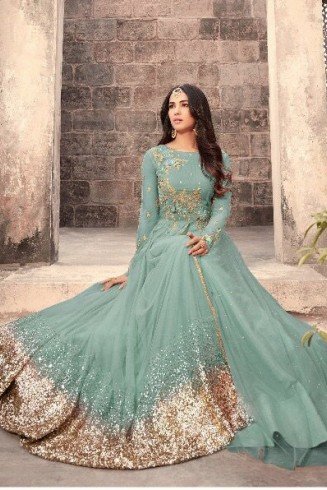 Turquoise Net Anarkali Gown Latest Indian Designer Wear