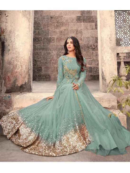 Turquoise Net Anarkali Gown Latest Indian Designer Wear