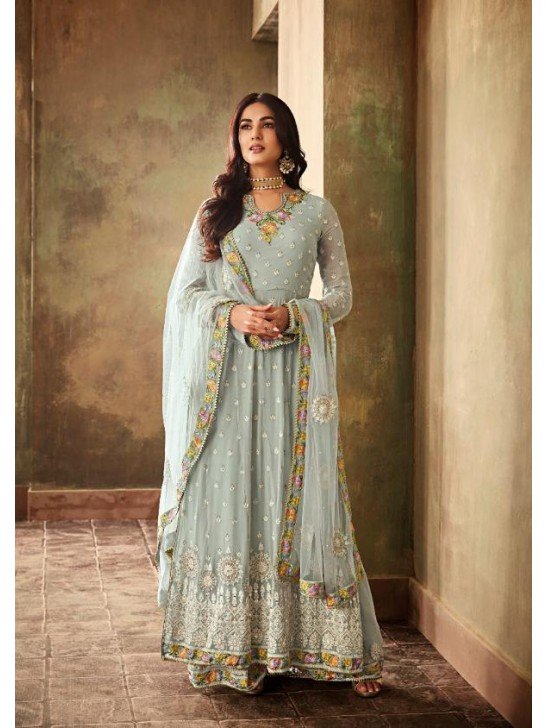 Chalked Serenity Blue Indian Palazzo Style Party Wear Suit