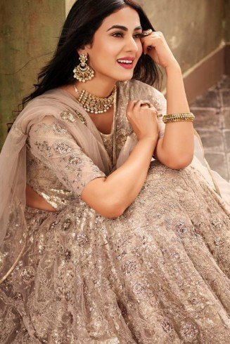 STUNNING NEW BEIGE HEAVY EMBELLISHED INDIAN WEDDING GOWN