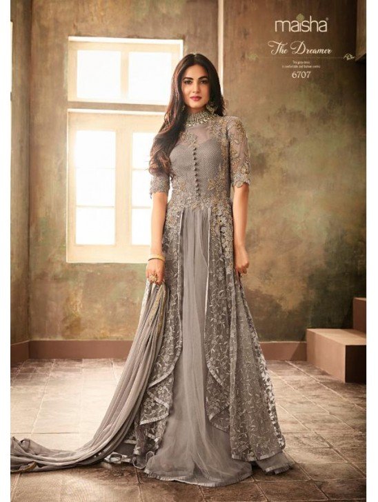 LAVISH NEW GREY PAKISTANI WEDDING & PARTY ANARKALI GOWN