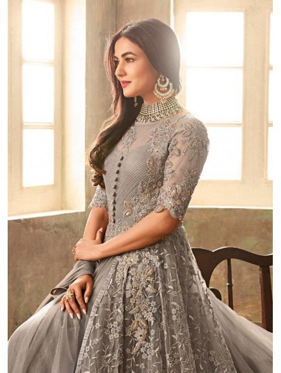 LAVISH NEW GREY PAKISTANI WEDDING & PARTY ANARKALI GOWN