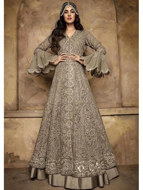 GREY HEAVY EMBROIDERED WEDDING ANARKALI BRIDESMAID DRESS