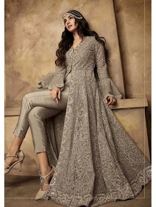 GREY HEAVY EMBROIDERED WEDDING ANARKALI BRIDESMAID DRESS