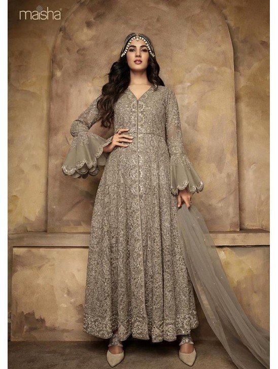 GREY HEAVY EMBROIDERED WEDDING ANARKALI BRIDESMAID DRESS