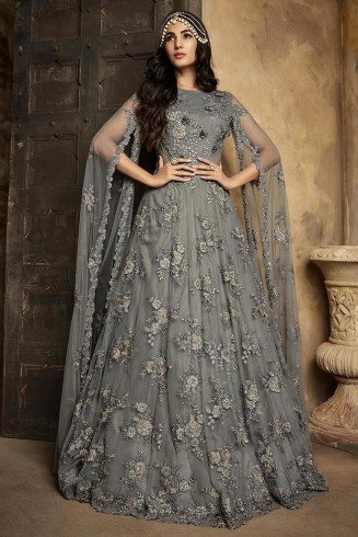 GREY PAKISTANI BRIDAL BRIDESMAID WEDDING ANARKALI DRESS