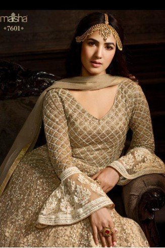 Beige Heavy Embroidered Wedding Anarkali Dress