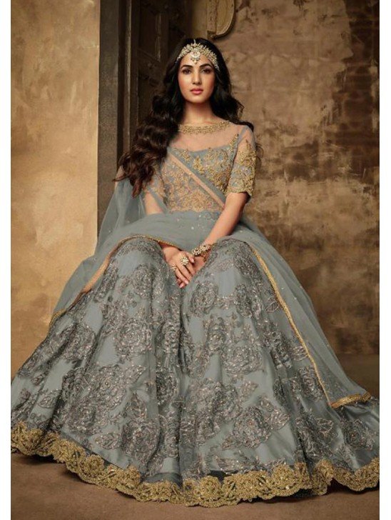 Grey Indian Designer Bridal Anarkali Dress