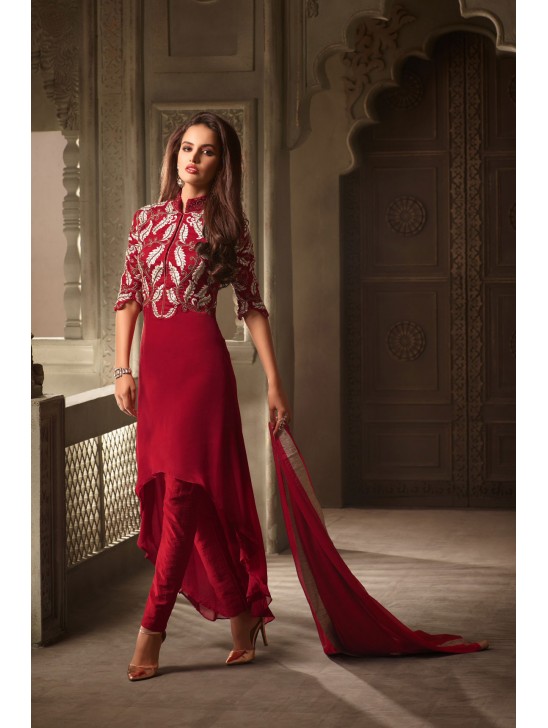 Red Fancy Party Suit Indian Elegant Dress