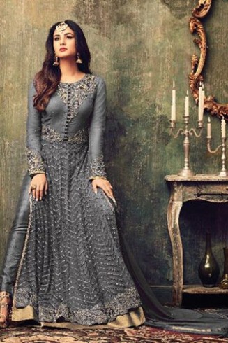 ZAC4707-D GREY INDIAN HEAVY EMBROIDERED WEDDING WEAR DRESS (3 weeks delivery)