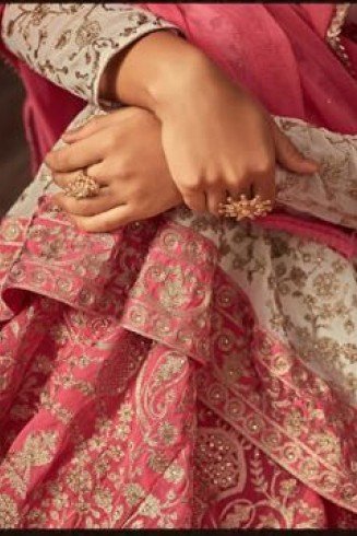 CREAM AND PINK INDIAN WEDDING GHARARA AND LEHENGA STYLE DRESS