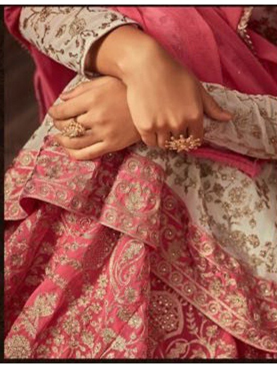 CREAM AND PINK INDIAN WEDDING GHARARA AND LEHENGA STYLE DRESS