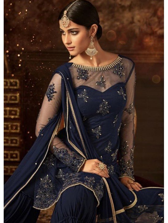 NAVY BLUE INDIAN WEDDING GHARARA SEMI STITCHED SUIT ( DELIVERY IN 2 WEEKS )