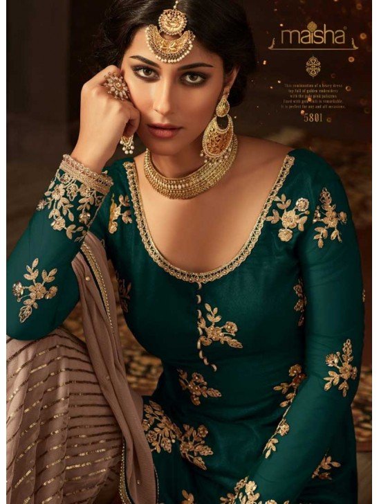GREEN AND BEIGE INDIAN WEDDING GHARARA SEMI STITCHED SUIT (3 weeks delivery)