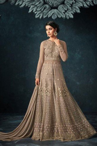 Beige Sequin Party Gown Heavy Embroidered Wedding Dress