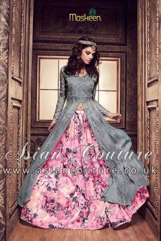 Grey Printed Anarkali Frock Party Wear Dress