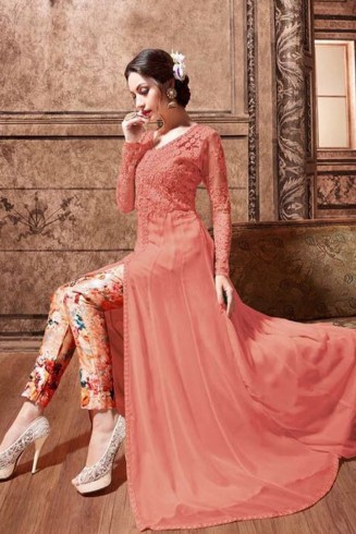 Long Frock Peach Floral Indian Designer Dress