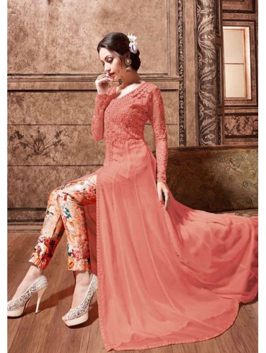 Long Frock Peach Floral Indian Designer Dress