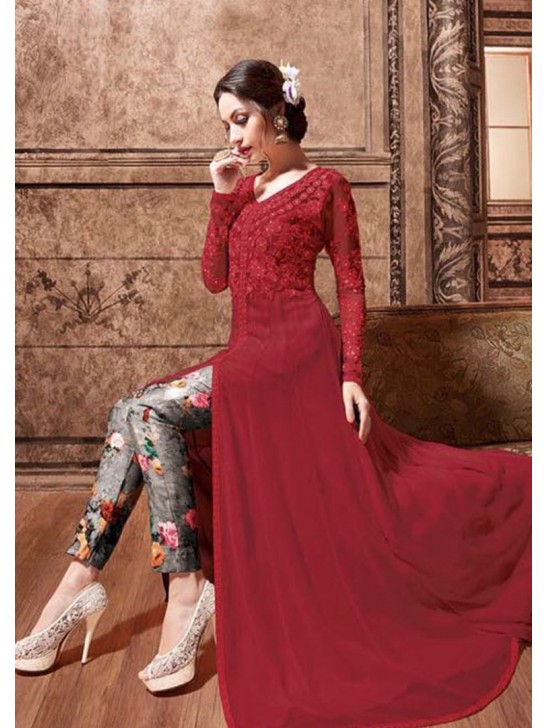 Red & Grey Anarkali Dress Front Slit Style Indian Gown