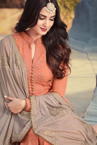 ORANGE AND BEIGE INDIAN PAKISTANI PARTY WEAR SALWAR SUIT