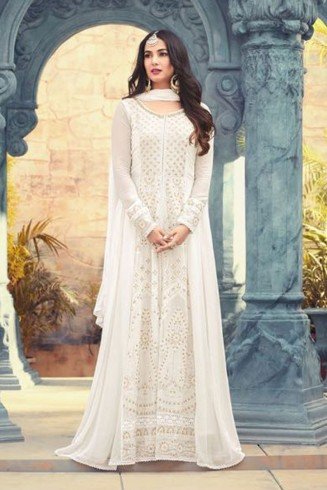 BRILLIANT WHITE INDIAN PAKISTANI PARTY WEAR ANARKALI DRESS