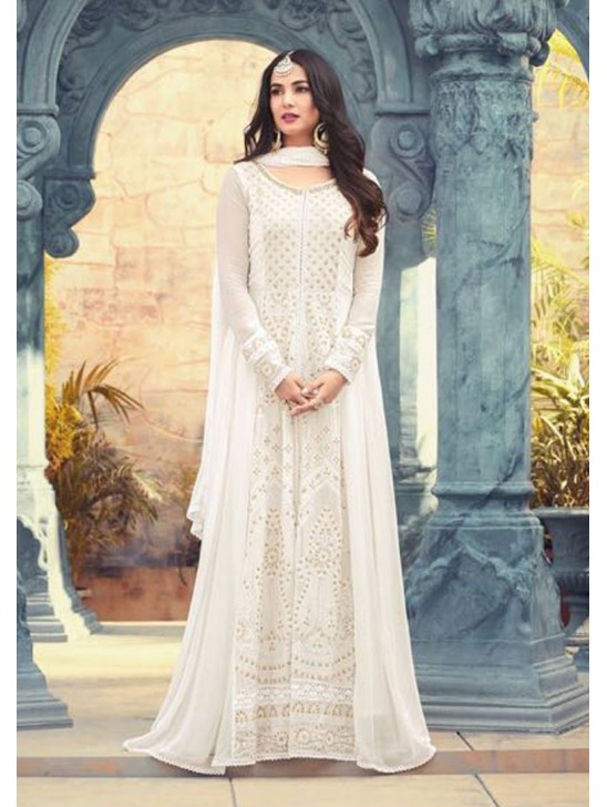 BRILLIANT WHITE INDIAN PAKISTANI PARTY WEAR ANARKALI DRESS