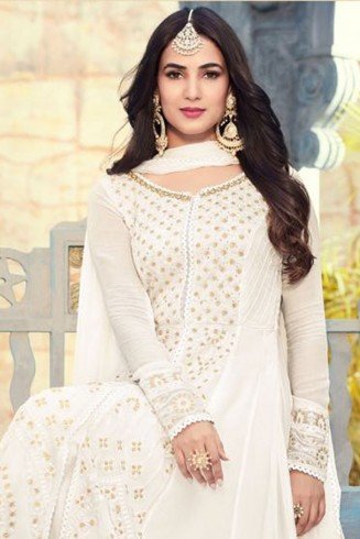 BRILLIANT WHITE INDIAN PAKISTANI PARTY WEAR ANARKALI DRESS