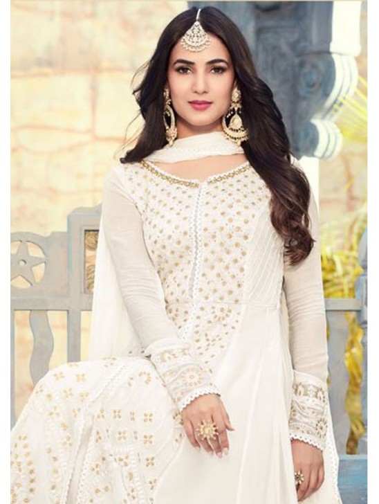 BRILLIANT WHITE INDIAN PAKISTANI PARTY WEAR ANARKALI DRESS