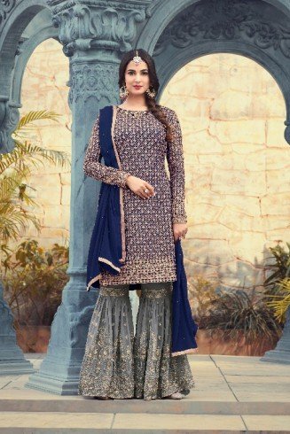 ZMP5501-D BLUE AND GREY MAISHA PEARL INDIAN PAKISTANI PARTY WEAR GHARARA PANT SUIT