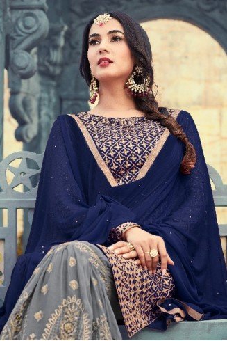 ZMP5501-D BLUE AND GREY MAISHA PEARL INDIAN PAKISTANI PARTY WEAR GHARARA PANT SUIT