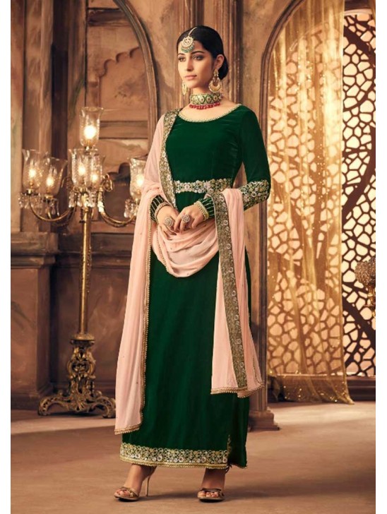 GREEN INDIAN DESIGNER FALKEN VELVET INDIAN SALWAR SUIT  ( 2-3 weeks delivery )