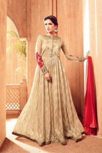 Beige Embroidered Anarkali Gown Designer Maxi Dress