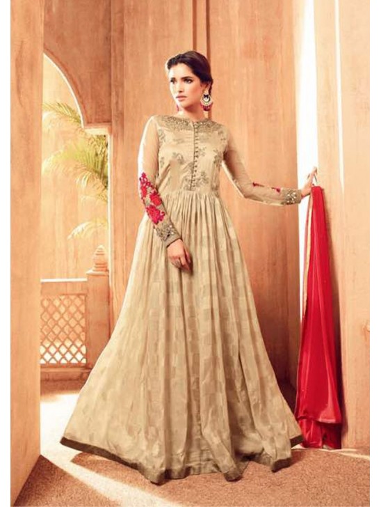 Beige Embroidered Anarkali Gown Designer Maxi Dress