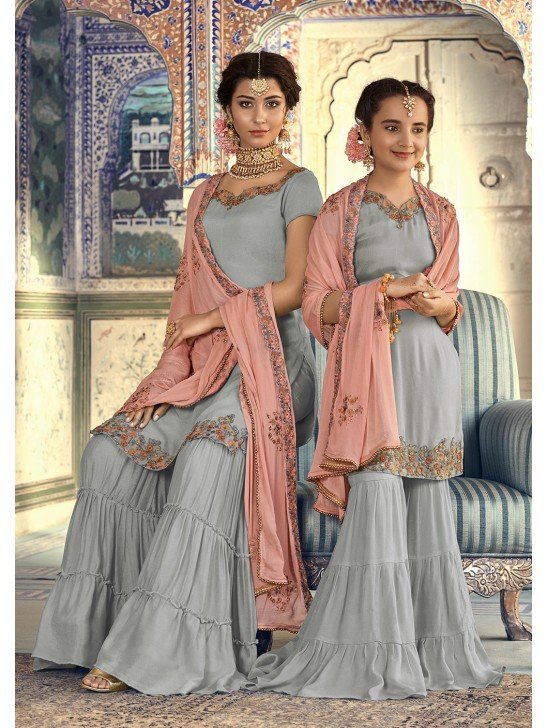 Grey Mother Daughter Matching Ghararas Indian Party Wedding Outfit