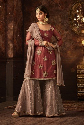 MAROON AND BEIGE INDIAN WEDDING GHARARA SEMI STITCHED SUIT ( DELIVERY IN 2 WEEKS )