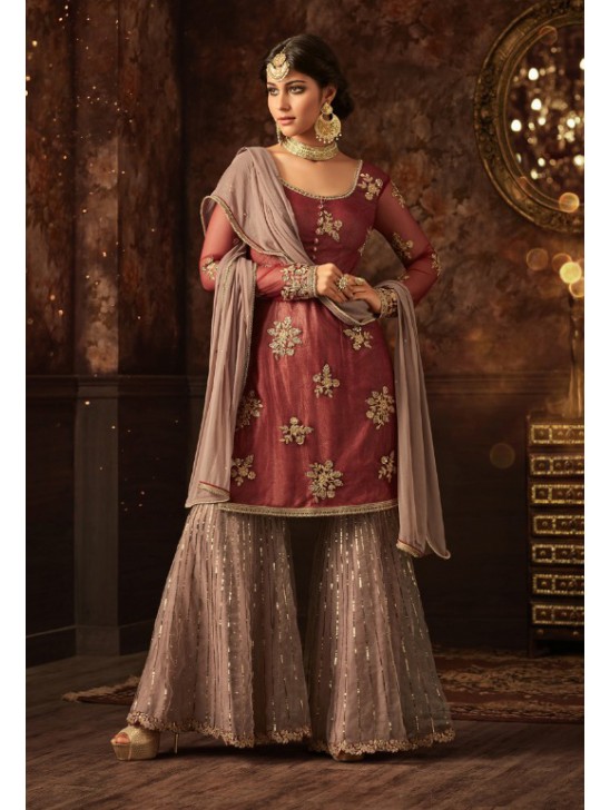 MAROON AND BEIGE INDIAN WEDDING GHARARA SEMI STITCHED SUIT ( DELIVERY IN 2 WEEKS )