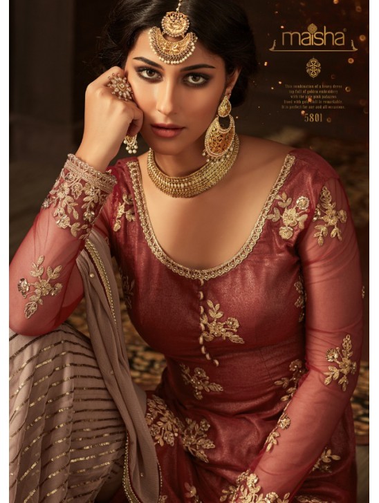 MAROON AND BEIGE INDIAN WEDDING GHARARA SEMI STITCHED SUIT ( DELIVERY IN 2 WEEKS )