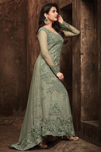 GREEN EMBELLISHED DESIGNER EVENING TAIL GOWN 