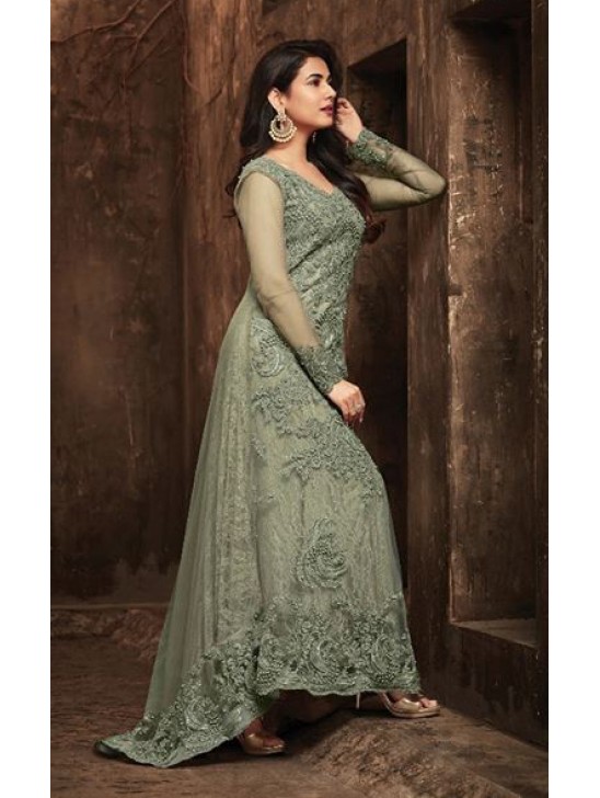 GREEN EMBELLISHED DESIGNER EVENING TAIL GOWN