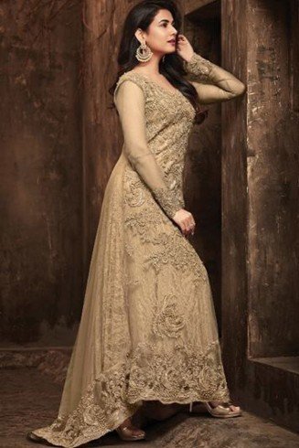 Beige Embellished Trail Dress Indian Party Wear Suit