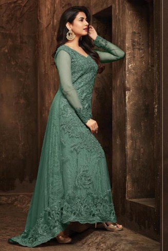 GREEN HEAVY EMBELLISHED INDIAN DESIGNER EVENING TRAIL GOWN 