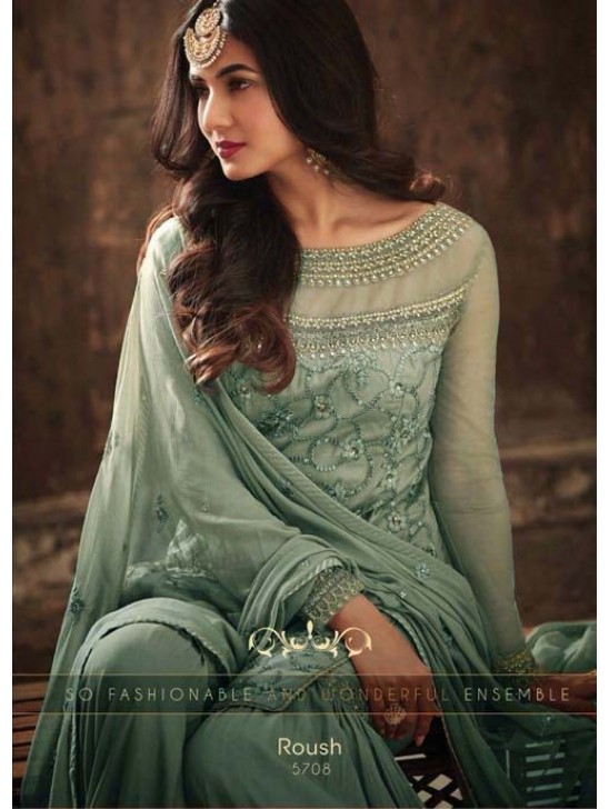 GREEN INDIAN WEDDING SHARARA GHARARA SUIT SEMI STITCHED ( DELIVERY IN 2 WEEKS )