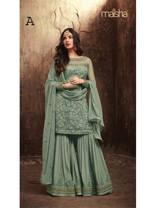 GREEN INDIAN WEDDING SHARARA GHARARA SUIT SEMI STITCHED ( DELIVERY IN 2 WEEKS )