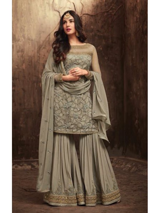 GREY ASIAN WEDDING GHARARA SUIT SEMI STITCHED ( DELIVERY IN 2 WEEKS )