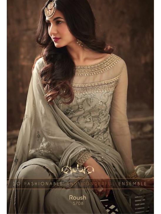 GREY ASIAN WEDDING GHARARA SUIT SEMI STITCHED ( DELIVERY IN 2 WEEKS )