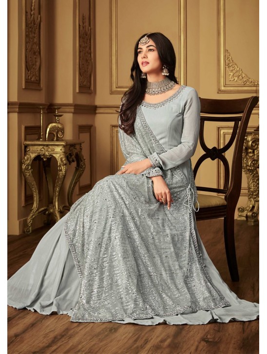 SILVER GREY ASIAN WEDDING WEAR ANARKALI GOWN