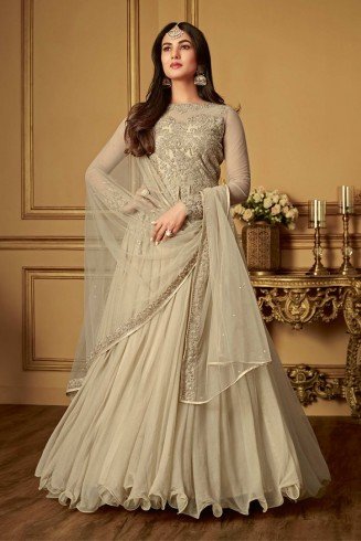 Beige Net Indian Wedding Gown Elegant Anarkali Dress UK