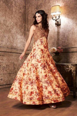 Orange Fancy Wedding Gown Floral Printed Anarkali Suit