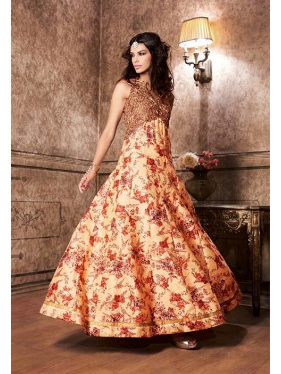 Orange Fancy Wedding Gown Floral Printed Anarkali Suit