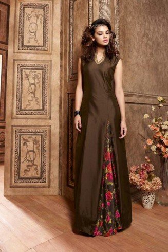 Dark Brown Bridesmaid Dress Side Slit Silk Gown